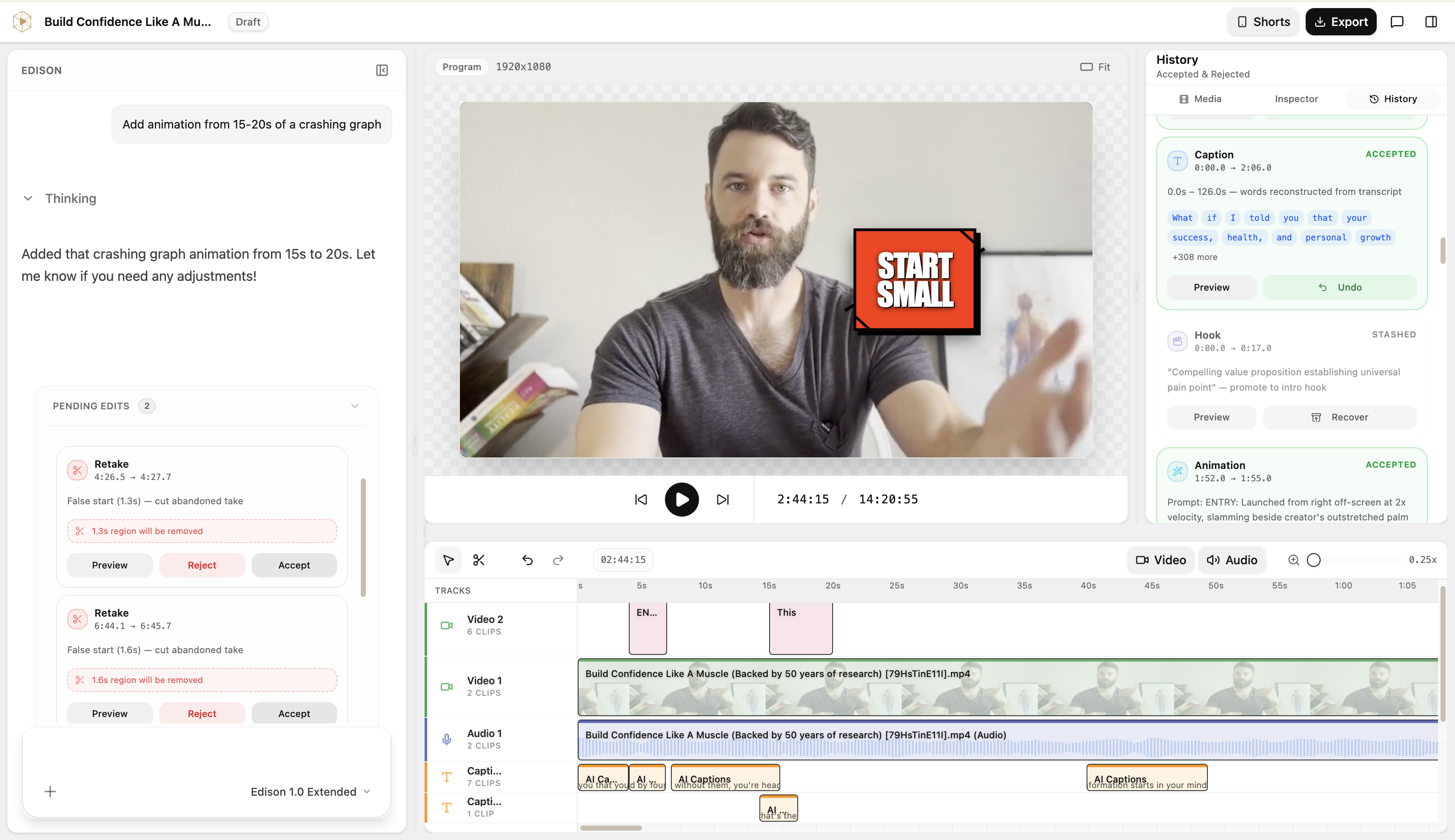 Edison Editor showing AI-detected pending edits with preview, reject, and accept controls on a video timeline
